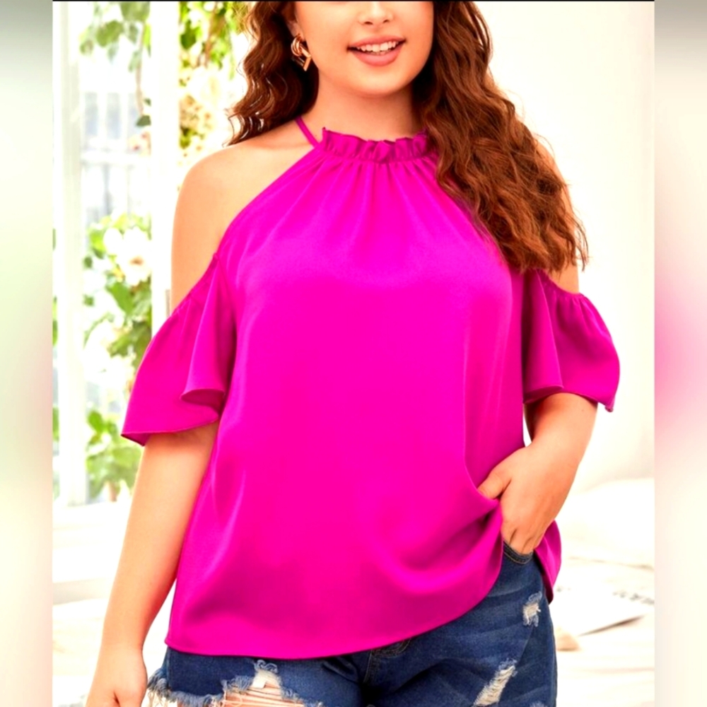 SHEIN Privé Plus Cold Shoulder Frill Trim Keyhole Back Top XL